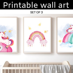 Whimsical Rainbow Unicorn Wall Art Set of 3 - Printable Decor for Girl&#39;s Room, Nursery, Playroom - Instant Digital Download