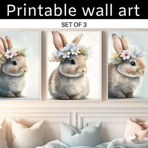 Boho Bunny: Floral Crown Bunny Nursery Wall Art Set of 3 Prints - Floral Girls Bedroom Decor - Woodland Baby Animals - DIGITAL DOWNLOAD