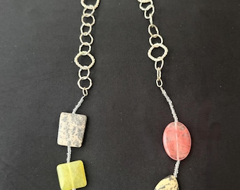 Vintage Boho Mixed Stone Look Beaded Necklace Silver Tone Chain Eclectic Statement Jewelry