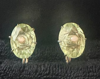 Vintage Light Green Screw Back Earrings Faux Pearl Accent Mid Century Oval Faceted Earrings