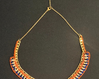 Vintage Crochet Chain Choker Necklace: Orange, Blue, Cream with Rhinestones (16 Inch)