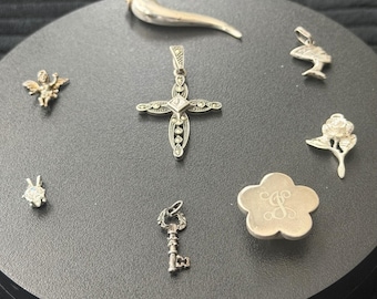 Vintage Sterling Silver Charm Lot: Marcasite Cross, Italian Horn, Nefertiti, Rose, Key (22g)