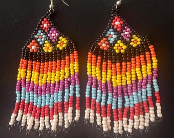 Vintage Colorful Beaded Fringe Earrings Boho Seed Bead Floral Statement Dangles