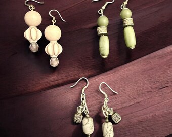 Boho Earring Lot 3 Pairs Earthy Beaded Dangle Earrings Pink Green Gray Artisan Style