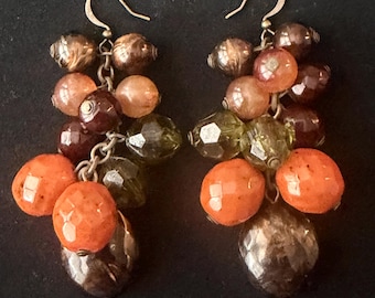 Vintage Boho Cluster Dangle Earrings, Autumn Harvest Mixed Bead Statement Fall Jewelry