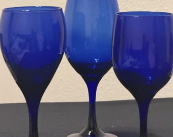 Vintage Cobalt Blue Wine Water Glasses Various Sizes Barware Set of 3
