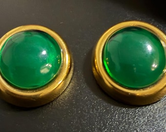 Vintage Oscar de la Renta Green Cabochon Clip-On Earrings, Gold Statement Jewelry