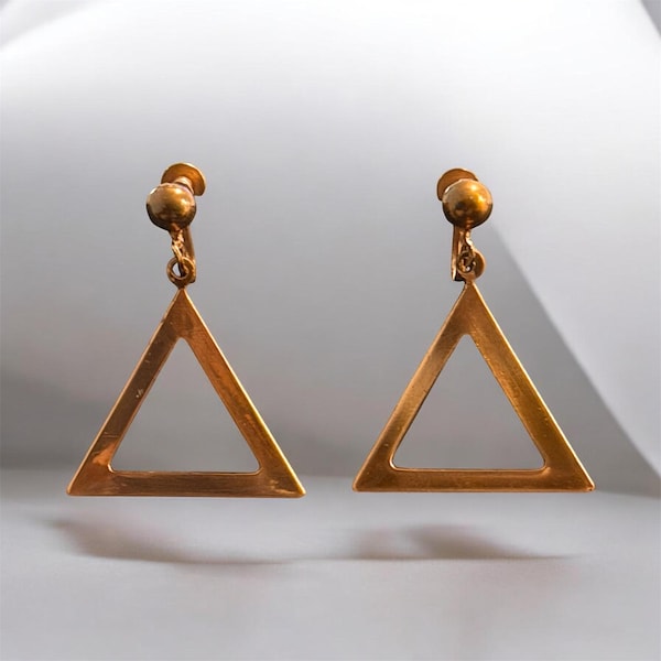 Vintage Brass Tone Triangle Screwback Earrings | Geometric Boho Dangle Statement Jewelry