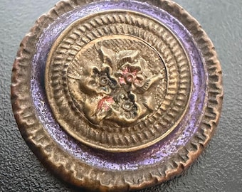Antique Victorian Button Conversion Brooch Purple Enamel Floral Metal Pin Small Round C Clasp
