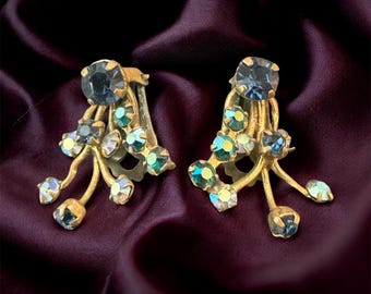 Vintage Austria Blue Aurora Borealis Rhinestone Clip On Earrings Gold Tone Mid Century Glam