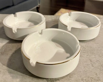 Vintage / Retro Set of 3 - White w/ Gold Trim Rim Ashtrays, Porcelain by Design