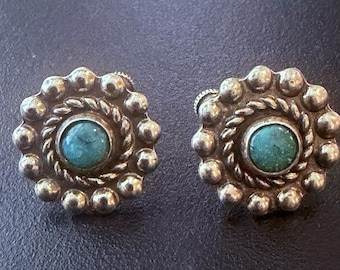 Vintage Turquoise Screw Back Earrings Southwestern Navajo Style Silver Tone