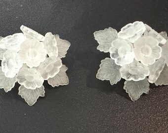 Vintage Frosted Lucite Floral Dress Clips Pair Mid Century Sweater Clips