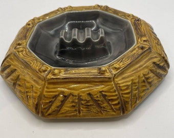 MCM - 1970s Ceramic Octagon Ashtray in Mustard/Gold & Gray w/ 3 slot holders