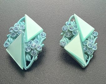 Vintage Japan Aqua Blue Clip On Earrings Geometric Floral Rhinestone Mid Century