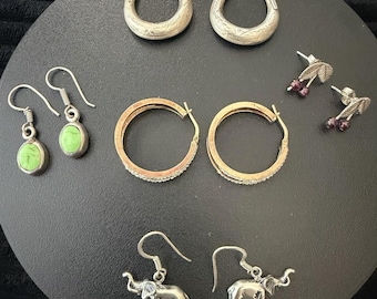 Vintage Sterling Silver Earring Lot: Hoops, Elephant, Garnet, Green Stone Jordan WOW (20g)