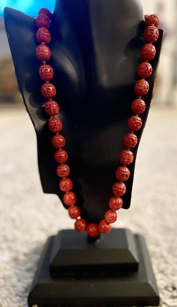 Vintage Chinese Carved Cinnabar Bead Necklace 24"