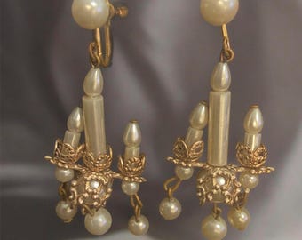 Vintage Faux Pearl Candelabra Earrings Gold Tone Screw Back Chandelier Style Costume Jewelry