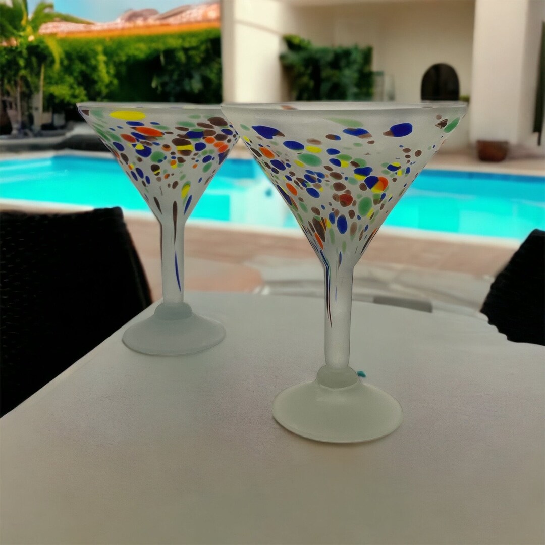 2 Hand Blown Frosted Martini / Cocktail Glasses With Confetti Etsy