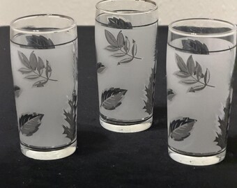 Mid Century Libbey Leaf Design Black Frosted Silver Foil Juice Glasses Lot of 3