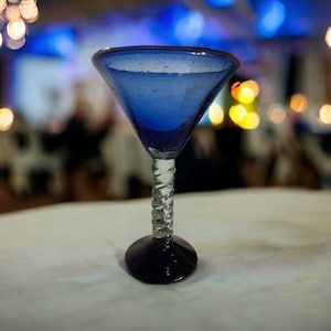 Vintage Hand Blown Cobalt Blue Bubble Swirl Stem Martini Glass