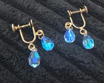Vintage Blue Aurora Borealis Screw Back Earrings Dainty Faceted Dangle Drops