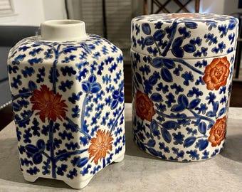 2-Vintage White Ceramic Porcelain Jars w/Designs of Blue Leaves & Orange Flowers