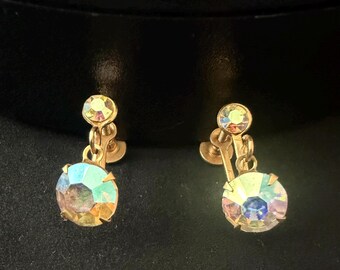 Vintage Aurora Borealis Rhinestone Dangle Earrings Gold Tone Screw Back