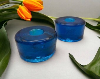 2 - Vintage Azure Blue Heavy Art Glass Round Taper Candle Holders