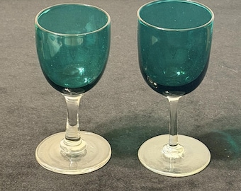 Vintage Bristol Green Cordial Glasses Pair Hand Blown Sherry Glasses Pontil Marking