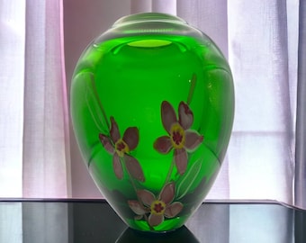 Emerald Ovoid Green Art Glass Vase with Pink & Yellow Florals By Kusak
