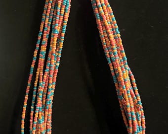 Vintage 14-Strand Seed Bead Necklace: Boho Coral, Blue, Peach Layers