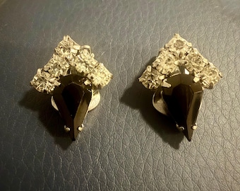 Signed La Rel Black Clear Rhinestone Clip-On Earrings – Mid-Century Glam Cocktail Jewelry