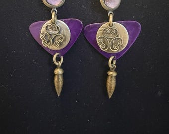 Vintage Boho Purple Geometric Dangle Earrings Antique Brass Tone Mixed Media