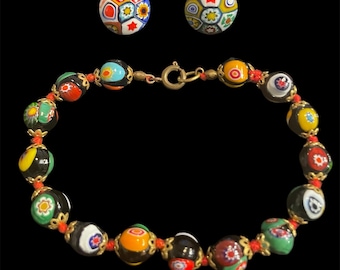 Vintage Multi-Colored Murano Millefiori Glass Round Clip-On Earrings & Bracelet - Made in Italy