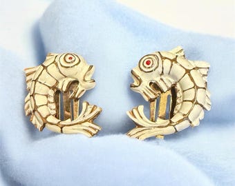 Vintage Figural Fish Clip On Earrings Antique Brass Tone Ivory Nautical Tropical