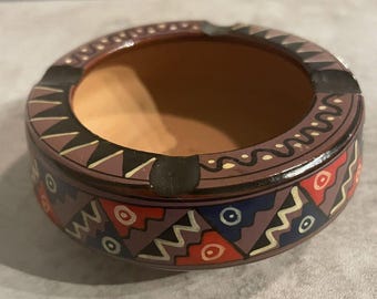 Vintage Hand Made & Painted Terracotta Geometrical 4 Slot Ashtray from Peru