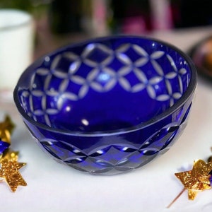 Vintage Cobalt Blue Bohemian Cut to Clear Glass Bowl