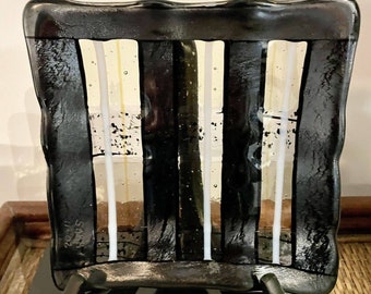 VTG Square Striped Fused Art Glass Plate, w/Black, White & Yellow Signed by Saba