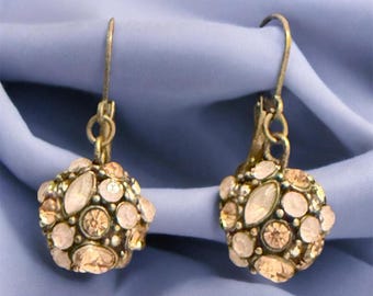 Vintage Rhinestone Ball Drop Orb Earrings Antique Gold Tone Blush Pink Champagne Dangles