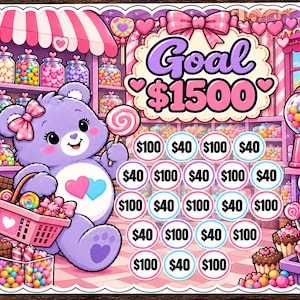 May include: A colorful savings tracker featuring a purple bear holding a pink basket in a candy shop. The text reads Goal $1500, with circular icons labeled $100 and $40. The background displays shelves of candy jars, lollipops, and cupcakes.