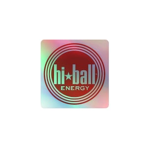 Puede incluir: Una pegatina holográfica con un círculo rojo y el texto "hi-ball ENERGY" en blanco.