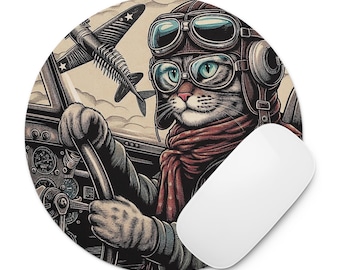 Aviator Pilot Cat Round Mouse Pad