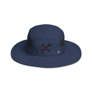 May include: A navy blue sun hat with a black mesh panel and a red and black axe logo. The hat has a wide brim and a comfortable fit.