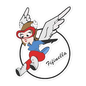 May include: A sticker featuring a cartoon woman with wings, wearing a red heart-shaped mask and red pants. The woman is in mid-flight, with the name "Fifinella" written in cursive.