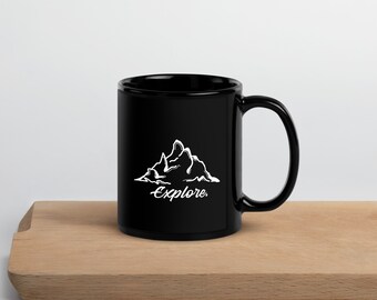 Mountains Explore Hiking Black Glossy Mug