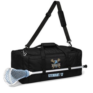May include: Black duffel bag with a shoulder strap, a lacrosse stick, and a lacrosse net. The bag has the text "Falcons" and "STEWART 17" printed on it. The lacrosse stick is white and the net is blue.