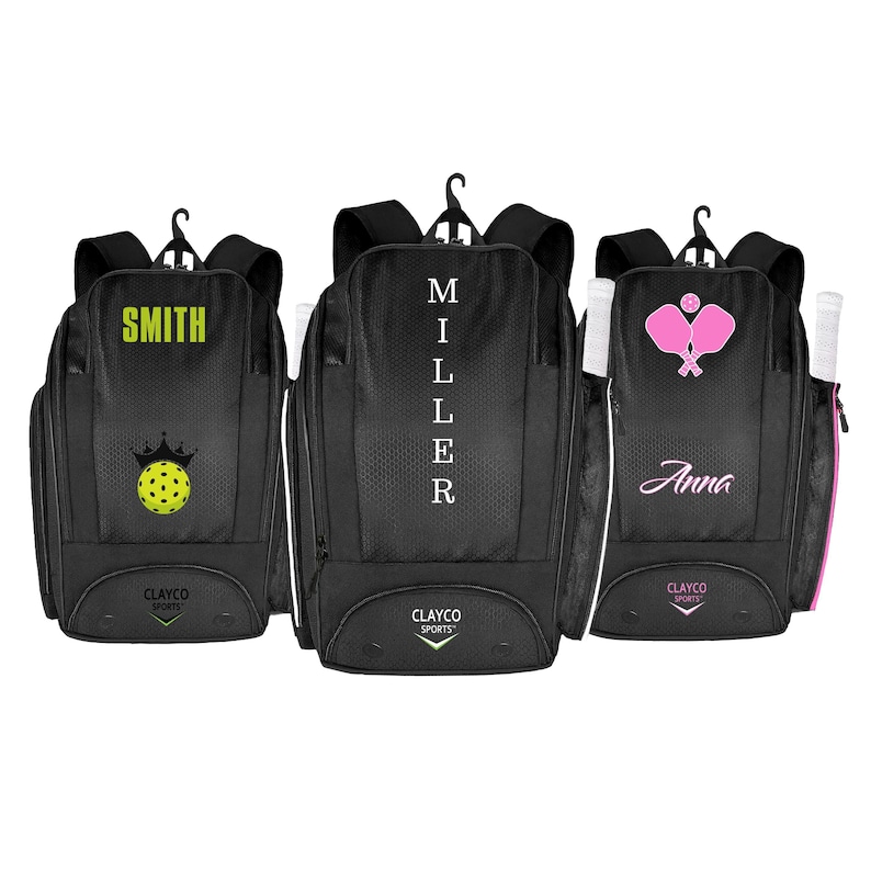 Three custom pickleball bags where you can add your own name, design, and more.