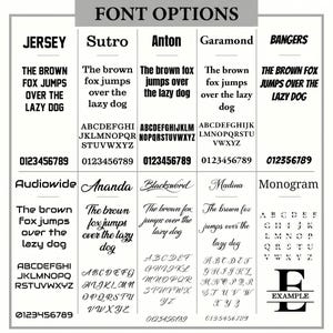 Custom fonts to be selected for customer customization on gray sports backpack.