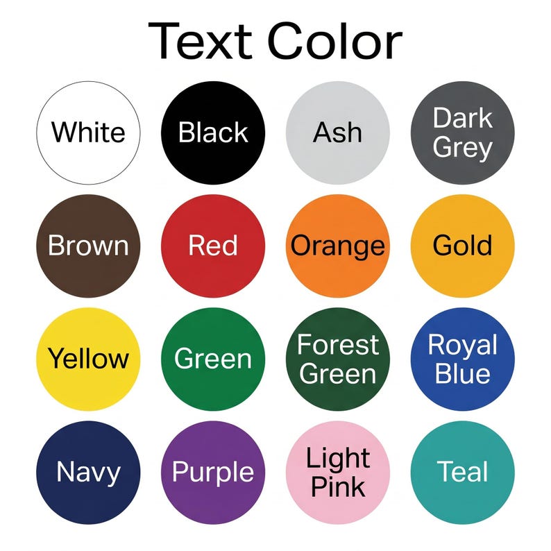 a collection of color circles representing different text color options, including white, black, ash, dark grey, brown, red, orange, gold, yellow, green, forest green, royal blue, navy, purple, light pink, and teal.
